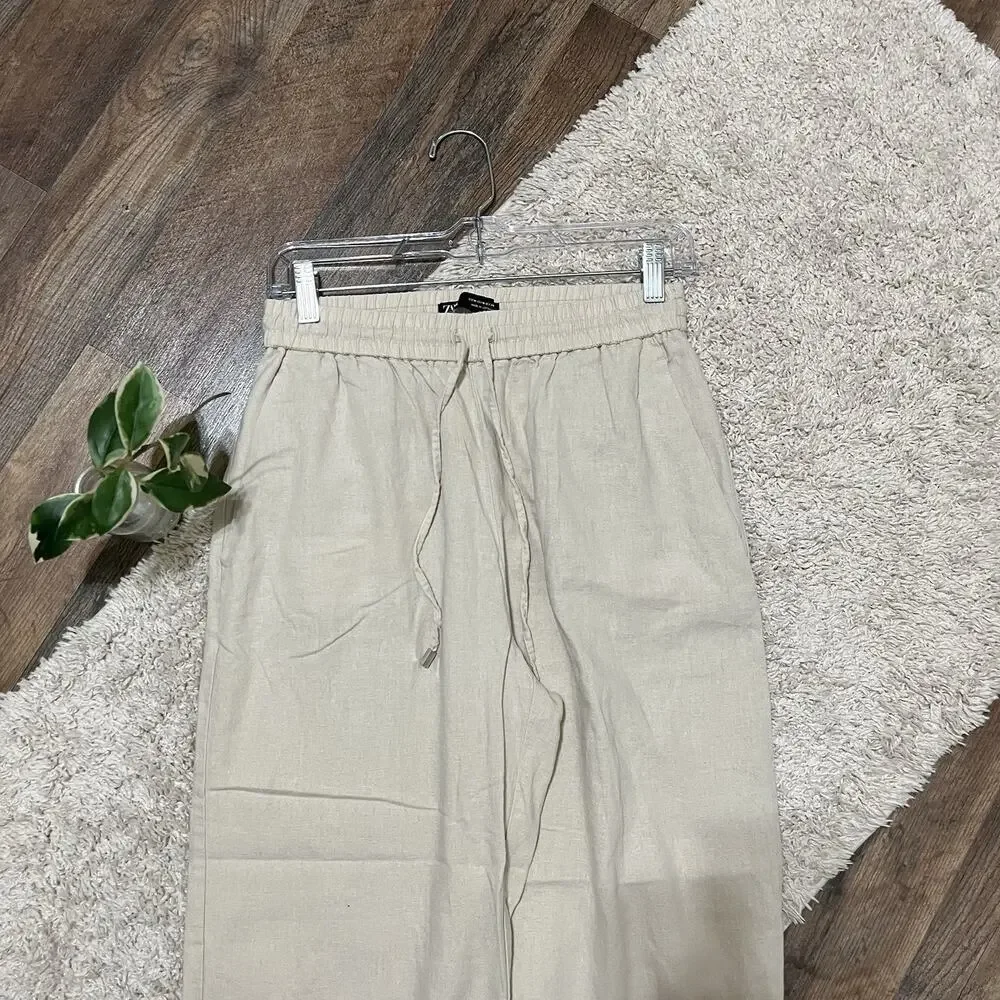 Zara Size Medium Beige Linen Blend Wide Leg Pull-On Drawstring Pants